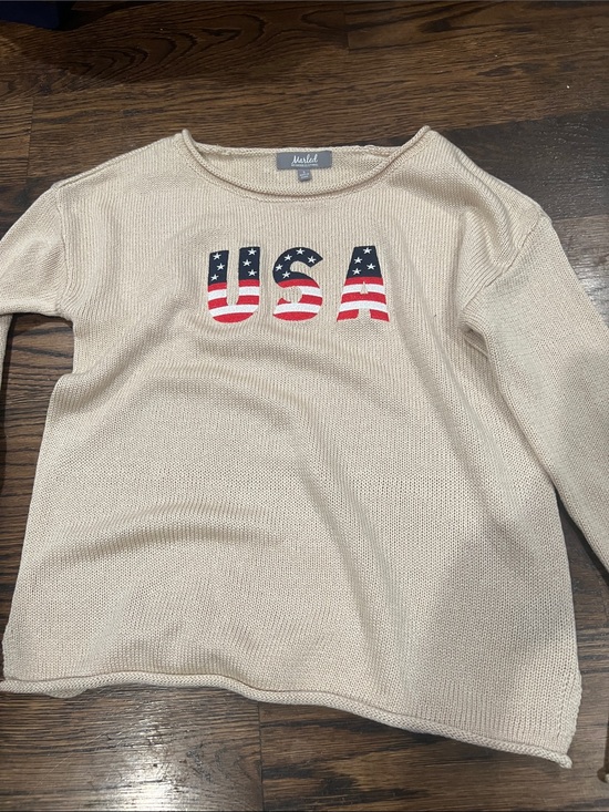 Marled Sweaters - Marled Cream Crewneck Sweater with USA Flag Lettering